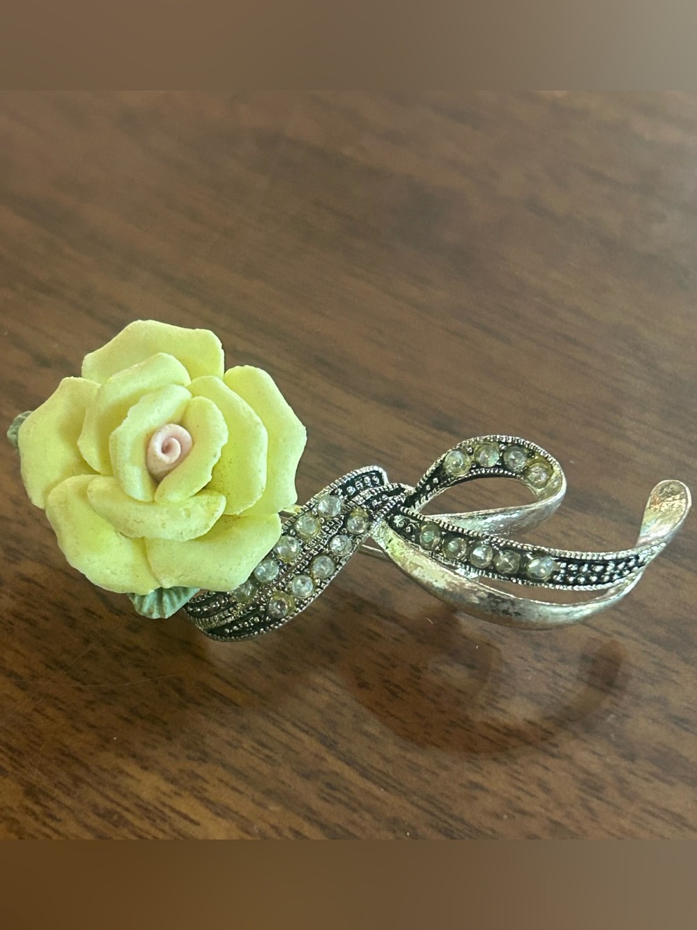 Vintage Avon Nina Ricci Yellow Porcelain Rose Rhinestone Brooch
